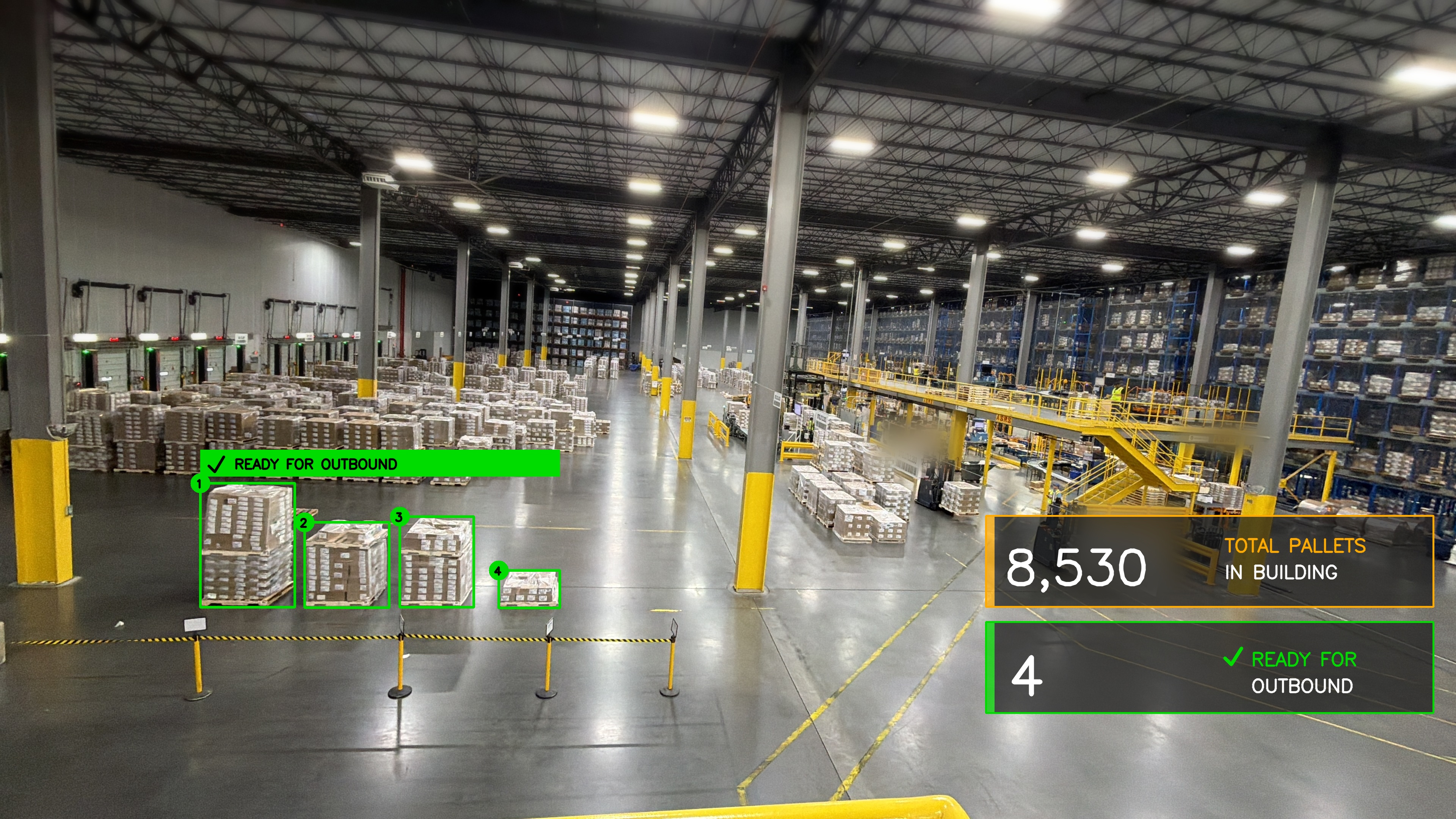 Cavalla warehouse floor with every pallet identified, weighed, and verified, and a live count of total pallets and pallets ready for outbound